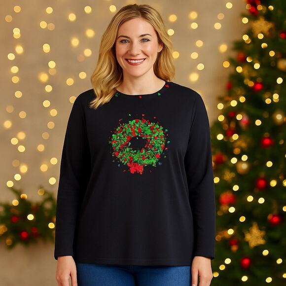 Quacker Factory Vintage Sequin Wreath Christmas Top Black XL Holiday - Picture 1 of 8